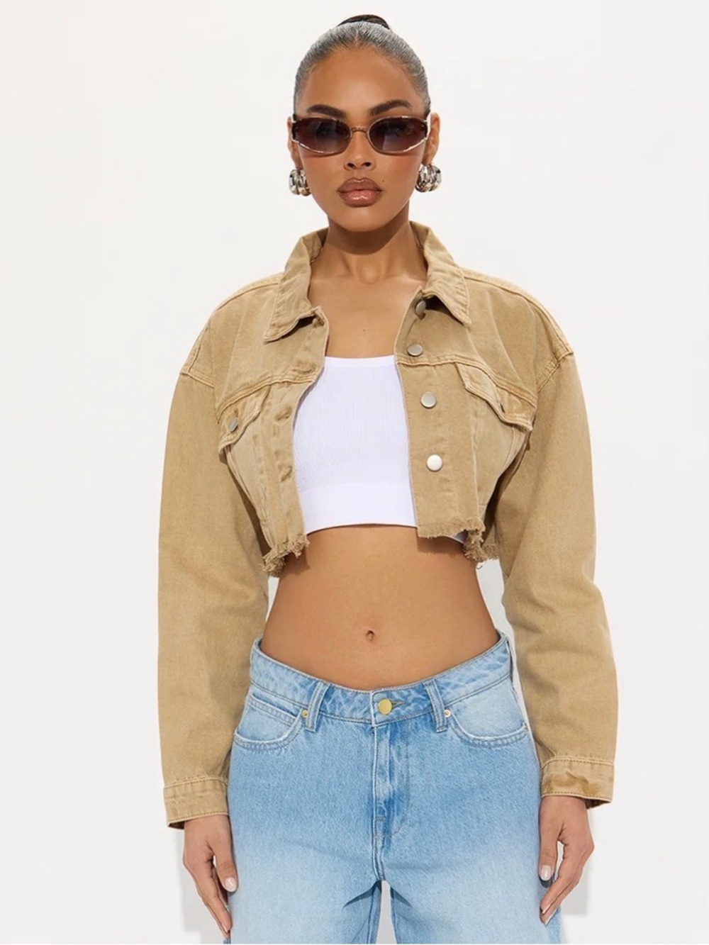 Fashion Nova Cropped Corduroy Jacket in Tan